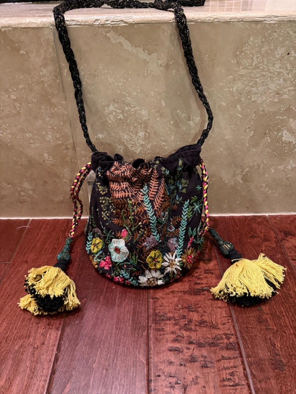 Anthropologie Embroidered Beaded Black Floral Drawstring Bucket Bag